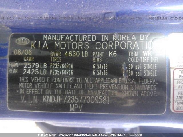 KNDJF723577309581 - 2007 KIA SPORTAGE EX/LX BLUE photo 9