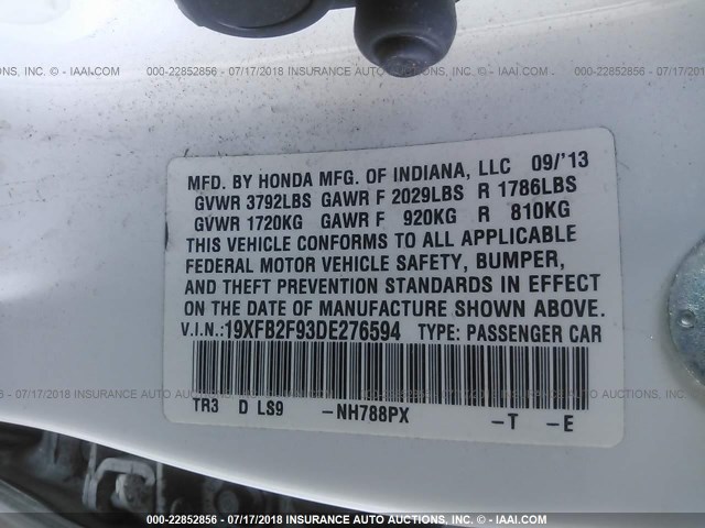 19XFB2F93DE276594 - 2013 HONDA CIVIC EXL 白色 照片 9