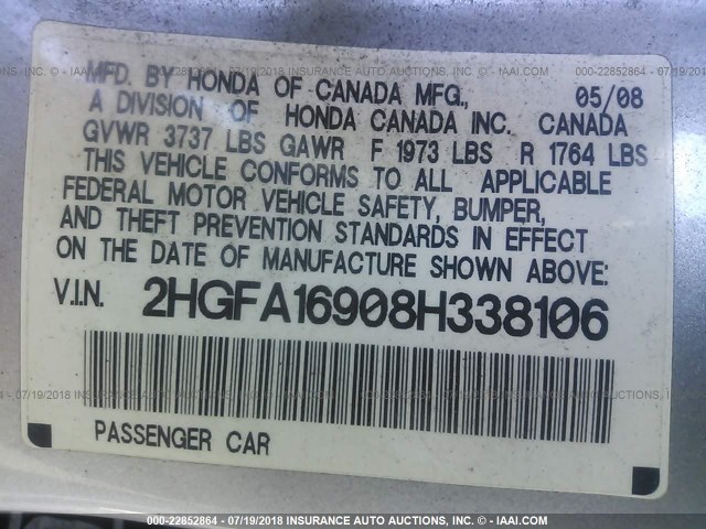 2HGFA16908H338106 - 2008 HONDA CIVIC EXL 银色 照片 9