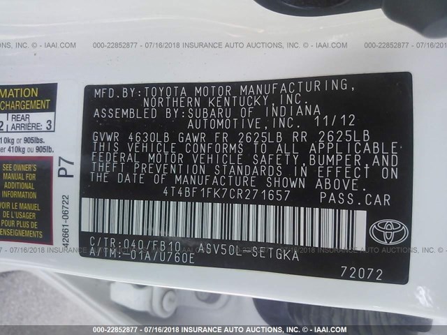 4T4BF1FK7CR271657 - 2012 TOYOTA CAMRY SE/LE/XLE WHITE photo 9