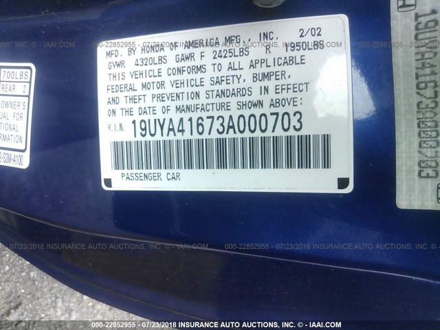 19UYA41673A000703 - 2003 ACURA 3.2CL TYPE-S BLUE photo 9