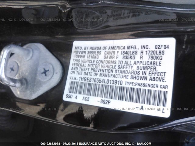 1HGES16554L013910 - 2004 HONDA CIVIC LX BLACK photo 9