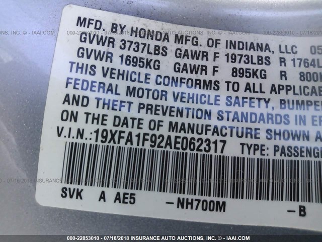 19XFA1F92AE062317 - 2010 HONDA CIVIC EXL GRAY photo 9