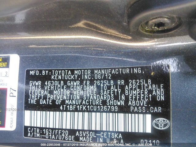 4T1BF1FK1CU126799 - 2012 TOYOTA CAMRY SE/LE/XLE GRAY photo 9