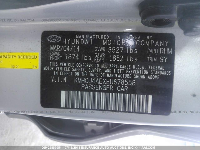 KMHCU4AEXEU678558 - 2014 HYUNDAI ACCENT GLS/SE SILVER photo 9