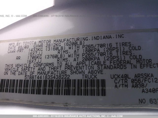 5TBBT44183S438222 - 2003 TOYOTA TUNDRA ACCESS CAB SR5 WHITE photo 9