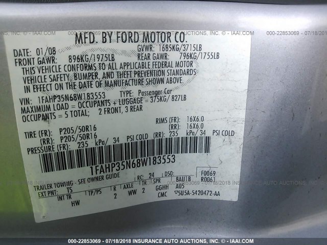 1FAHP35N68W183553 - 2008 FORD FOCUS SE/SEL/SES BLUE photo 9