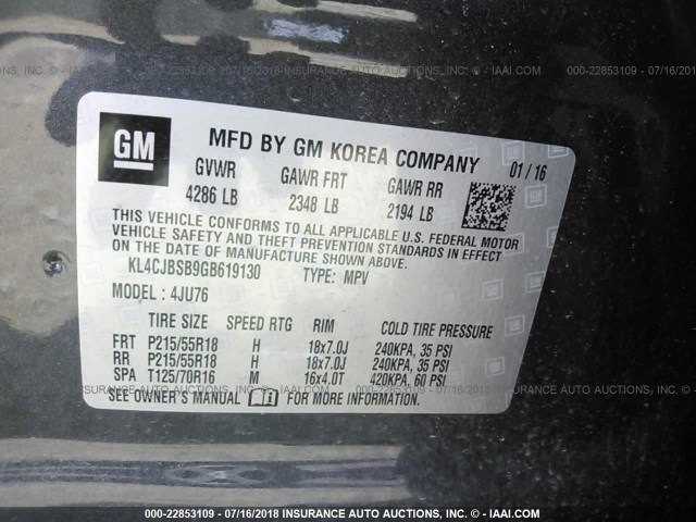 KL4CJBSB9GB619130 - 2016 BUICK ENCORE CONVENIENCE GRAY photo 9