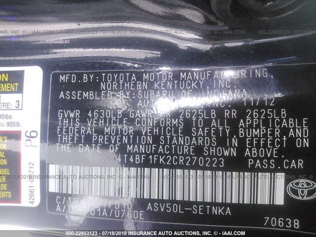 4T4BF1FK2CR270223 - 2012 TOYOTA CAMRY SE/LE/XLE BLUE photo 9