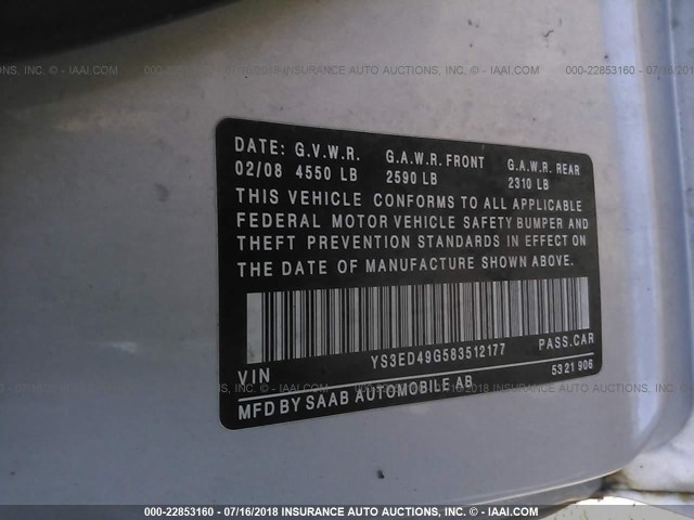 YS3ED49G583512177 - 2008 SAAB 9-5 2.3T SILVER photo 9