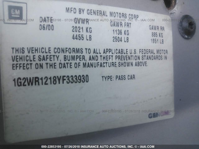 1G2WR1218YF333930 - 2000 PONTIAC GRAND PRIX GTP Gümüş foto 9