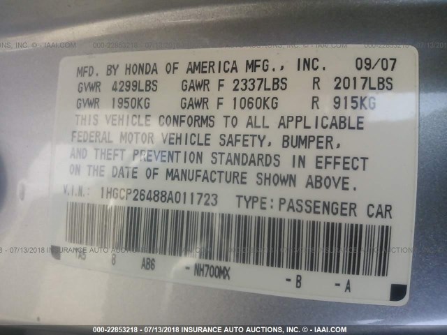 1HGCP26488A011723 - 2008 HONDA ACCORD LXP 银色 照片 9