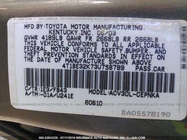 4T1BE32K73U758789 - 2003 TOYOTA CAMRY LE/XLE/SE SILVER photo 9