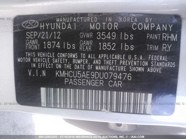 KMHCU5AE9DU079476 - 2013 HYUNDAI ACCENT GLS/SE SILVER photo 9