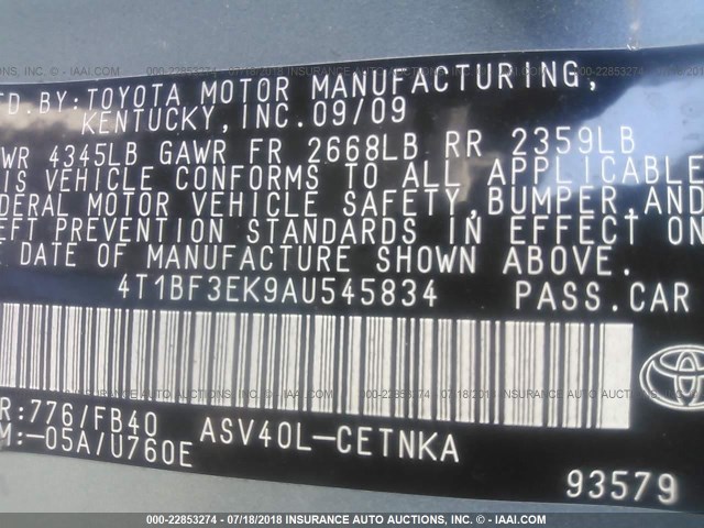 4T1BF3EK9AU545834 - 2010 TOYOTA CAMRY SE/LE/XLE BLUE photo 9