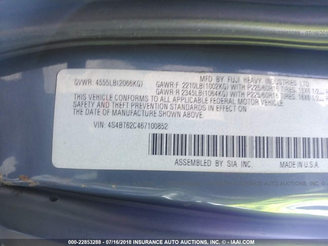 4S4BT62C467100852 - 2006 SUBARU BAJA SPORT BLUE photo 9