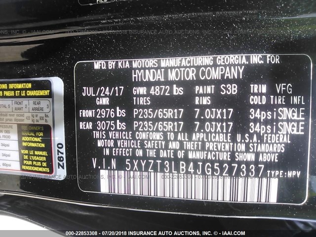 5XYZT3LB4JG527337 - 2018 HYUNDAI SANTA FE SPORT  黑色 照片 9