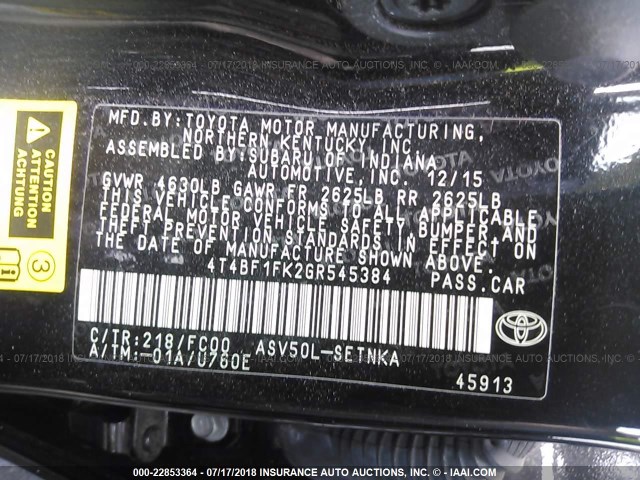 4T4BF1FK2GR545384 - 2016 TOYOTA CAMRY LE/XLE/SE/XSE 黑色 照片 9