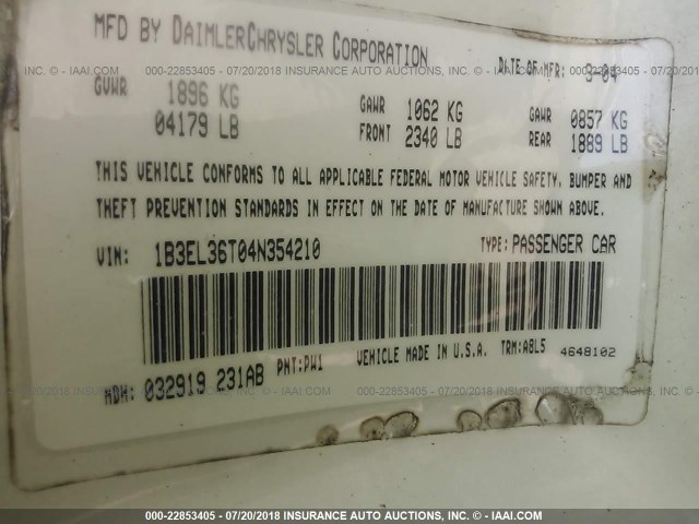 1B3EL36T04N354210 - 2004 DODGE STRATUS SE WHITE photo 9