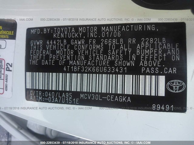 4T1BF32K66U633431 - 2006 TOYOTA CAMRY LE/XLE/SE Ağ foto 9