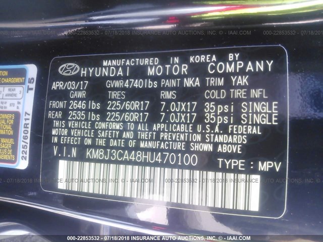 KM8J3CA48HU470100 - 2017 HYUNDAI TUCSON LIMITED/SPORT AND ECO/SE BLACK photo 9