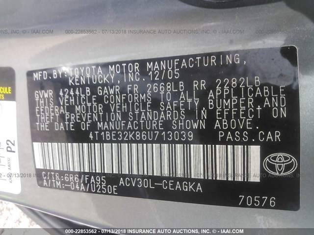 4T1BE32K86U713039 - 2006 TOYOTA CAMRY LE/XLE/SE Gümüş foto 9