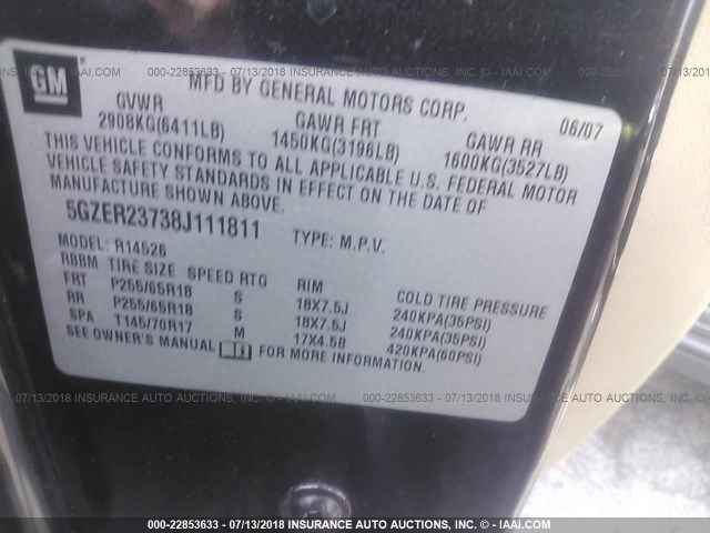 5GZER23738J111811 - 2008 SATURN OUTLOOK XR შავი ფოტო 9