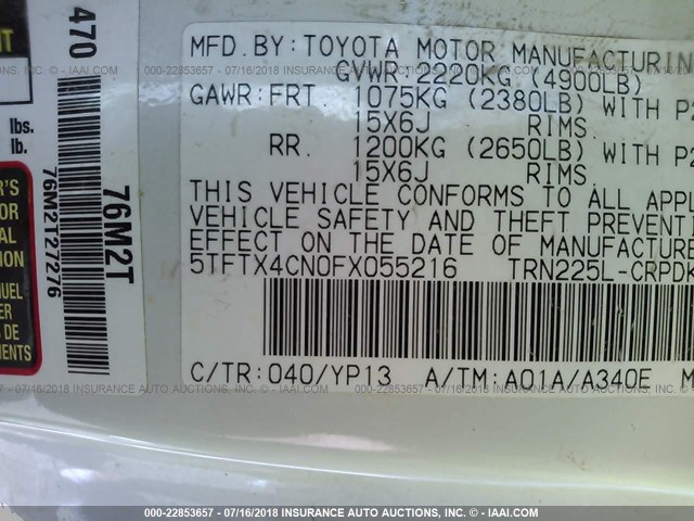 5TFTX4CN0FX055216 - 2015 TOYOTA TACOMA ACCESS CAB Weiß Foto 9