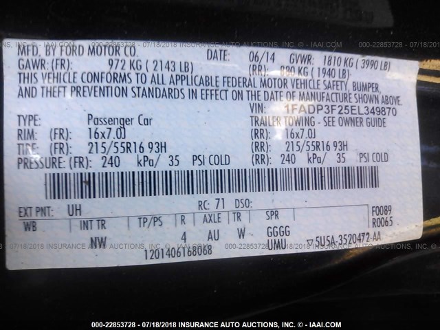 1FADP3F25EL349870 - 2014 FORD FOCUS SE BLACK photo 9