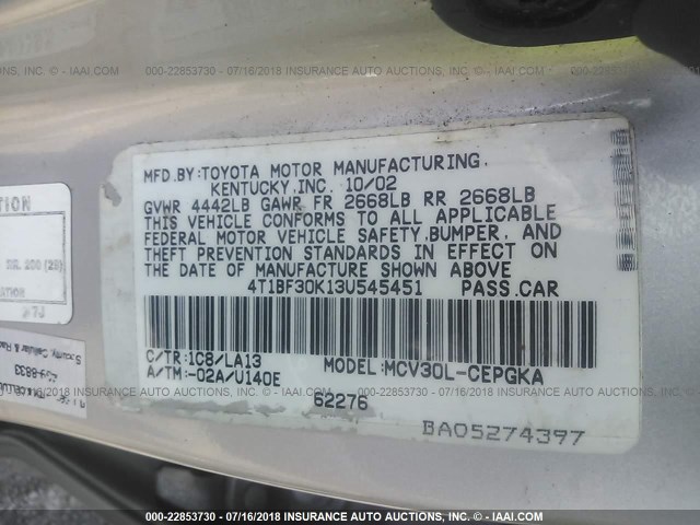 4T1BF30K13U545451 - 2003 TOYOTA CAMRY LE/XLE/SE 银色 照片 9