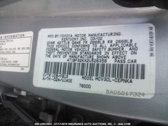 4T1BF32KX2U526358 - 2002 TOYOTA CAMRY LE/XLE/SE 银色 照片 9