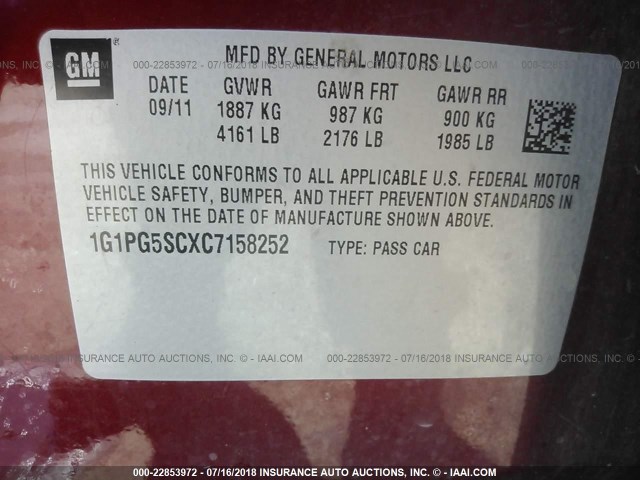 1G1PG5SCXC7158252 - 2012 CHEVROLET CRUZE LT MAROON photo 9