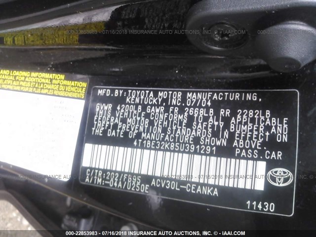 4T1BE32K85U391291 - 2005 TOYOTA CAMRY LE/XLE/SE Қара фото 9