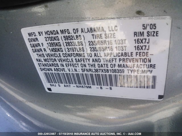 5FNRL387X5B108359 - 2005 HONDA ODYSSEY EXL Light Blue photo 9