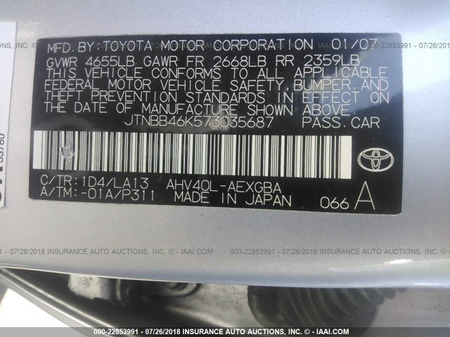 JTNBB46K573035687 - 2007 TOYOTA CAMRY NEW GENERAT HYBRID SILVER photo 9