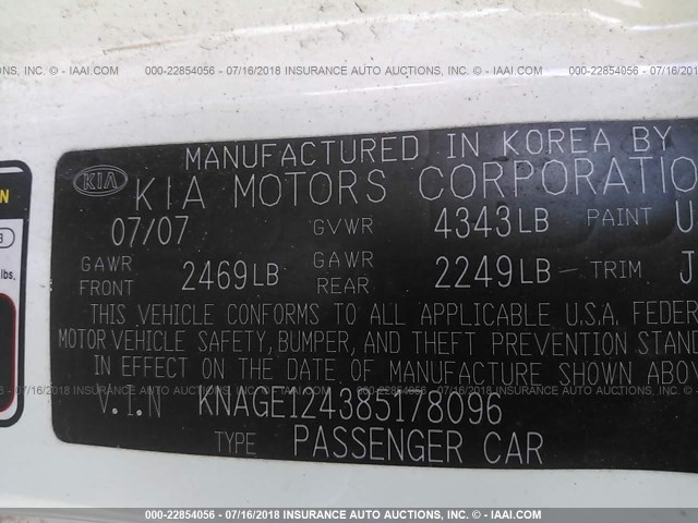 KNAGE124385178096 - 2008 KIA OPTIMA LX/EX WHITE photo 9