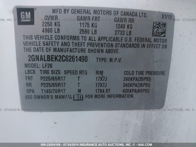 2GNALBEK2C6261490 - 2012 CHEVROLET EQUINOX LS WHITE photo 9