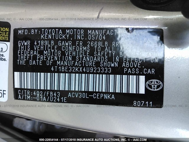 4T1BE32KX4U923333 - 2004 TOYOTA CAMRY LE/XLE/SE 金色 照片 9