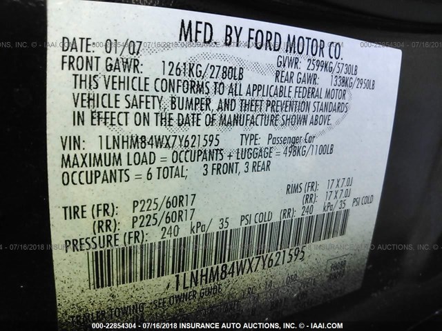 1LNHM84WX7Y621595 - 2007 LINCOLN TOWN CAR EXECUTIVE L BLACK photo 9