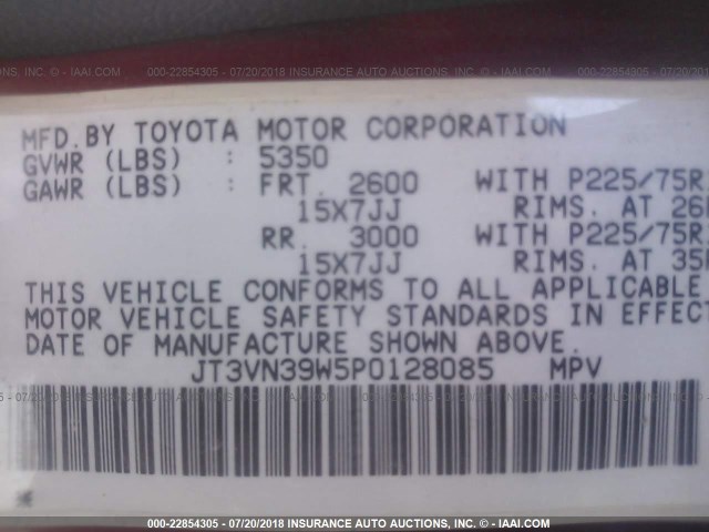 JT3VN39W5P0128085 - 1993 TOYOTA 4RUNNER VN39 SR5 RED photo 9