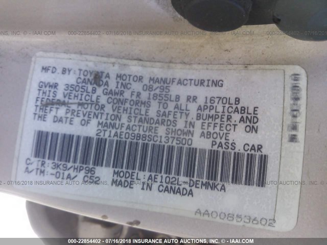 2T1AE09B8SC137500 - 1995 TOYOTA COROLLA LE/DX 金色 照片 9