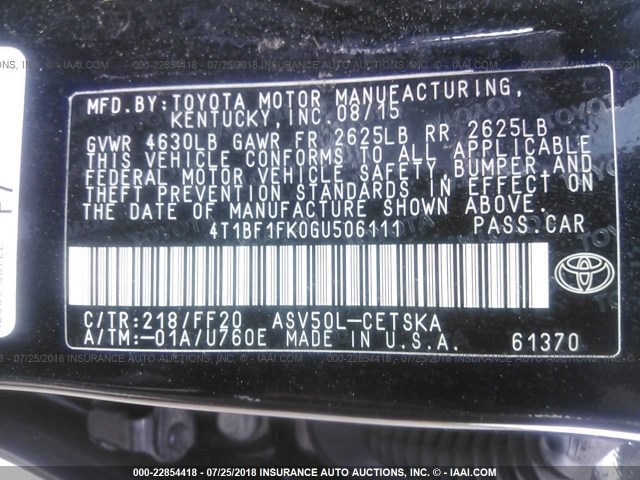 4T1BF1FK0GU506111 - 2016 TOYOTA CAMRY LE/XLE/SE/XSE 黑色 照片 9