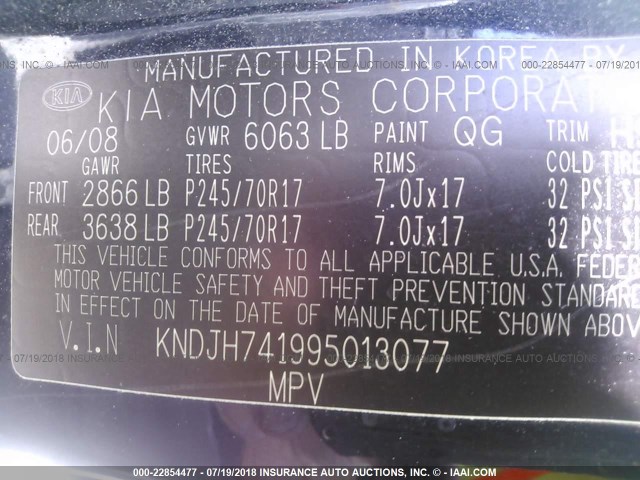 KNDJH741995013077 - 2009 KIA BORREGO LX/EX BLUE photo 9