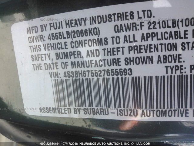 4S3BH675527655593 - 2002 SUBARU LEGACY OUTBACK AWP 绿色 照片 9