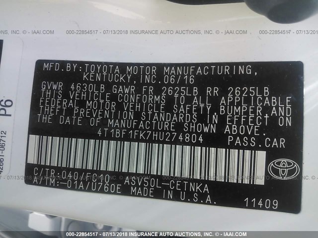 4T1BF1FK7HU274804 - 2017 TOYOTA CAMRY LE/XLE/SE/XSE WHITE photo 9