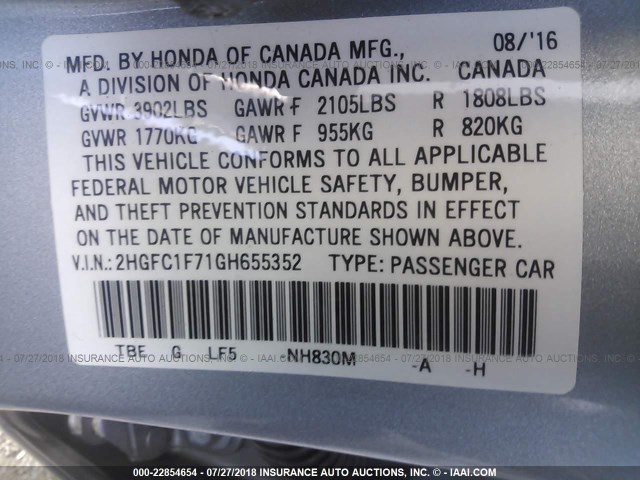 2HGFC1F71GH655352 - 2016 HONDA CIVIC EXL 灰色 照片 9