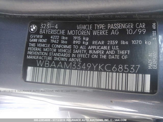 WBAAM3349YKC68537 - 2000 BMW 323 GRAY photo 9