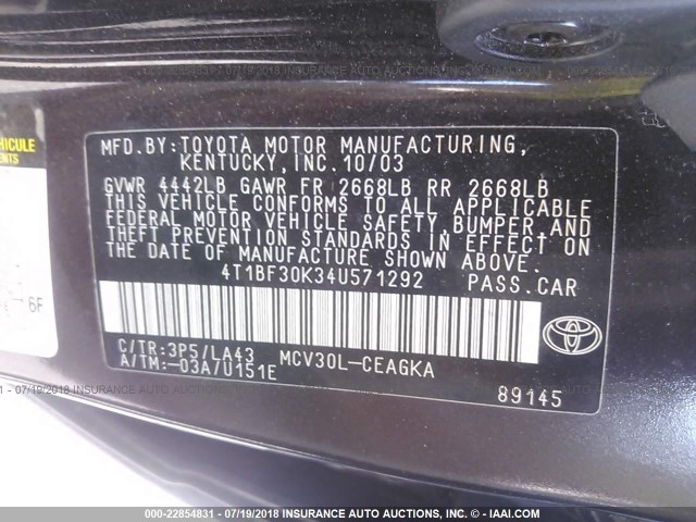 4T1BF30K34U571292 - 2004 TOYOTA CAMRY LE/XLE/SE Bənövşəyi foto 9