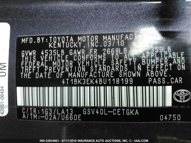 4T1BK3EK4BU118199 - 2011 TOYOTA CAMRY SE/LE/XLE 灰色 照片 9