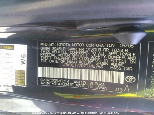 JTKDE177070146753 - 2007 TOYOTA SCION TC 黑色 照片 9